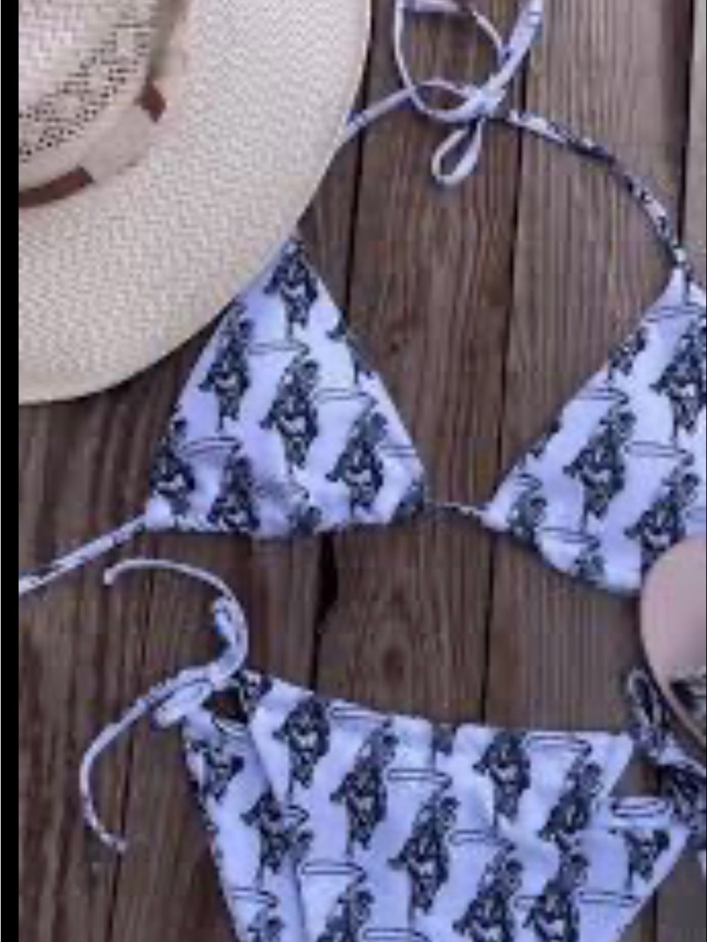 White Triangle String Bikini with Black Horse Print- three piece swimsuit.